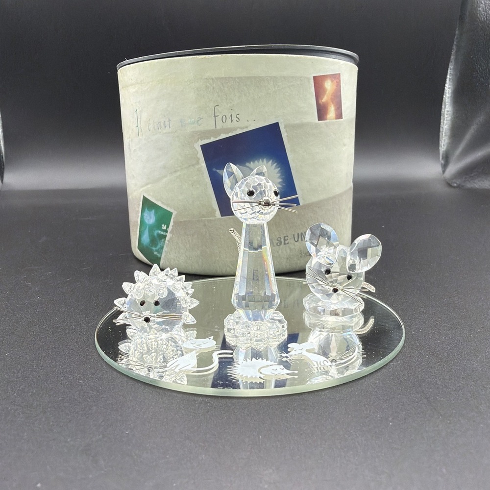 Swarovski Crystal Once Upon A Time Set Cat Mouse Hedgehog w/ Mirror Base & Box
